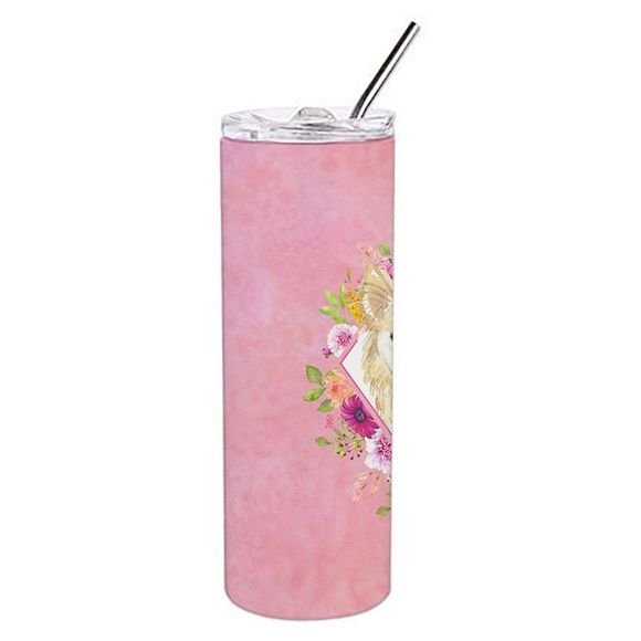 White Collie Pink Flowers Stainless Steel 20 oz Skinny Tumbler
